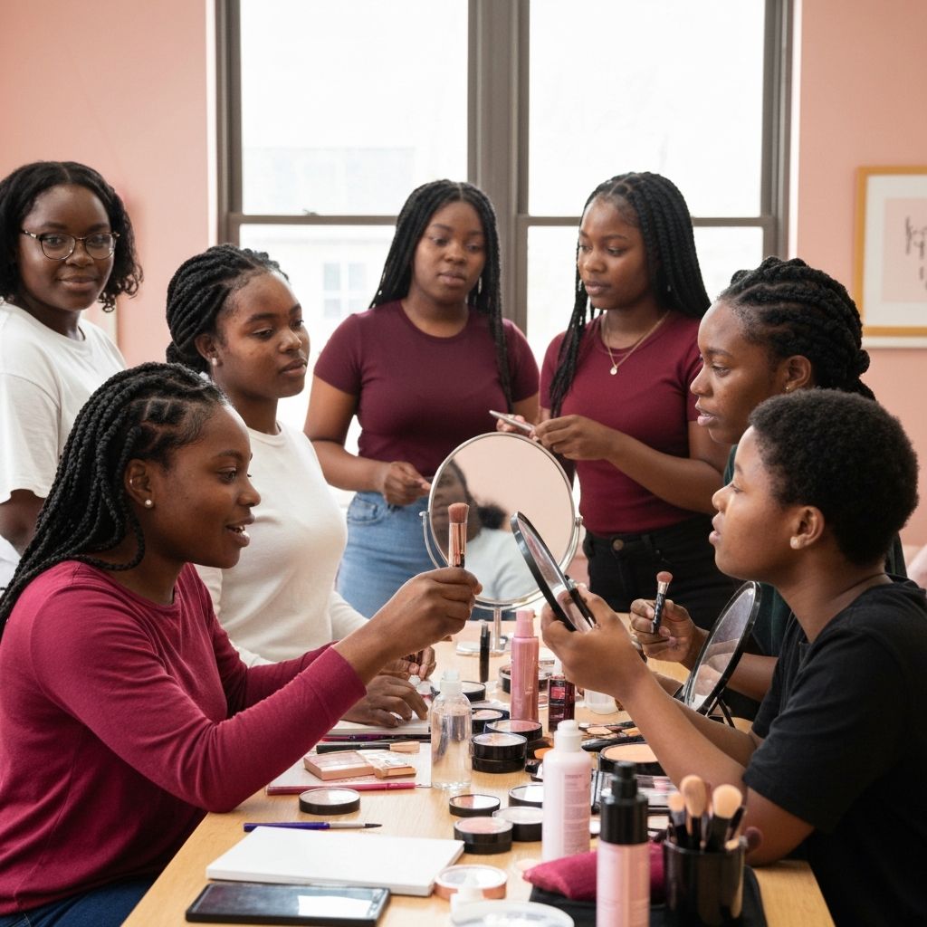 Young African women with disabilities learning beauty skills